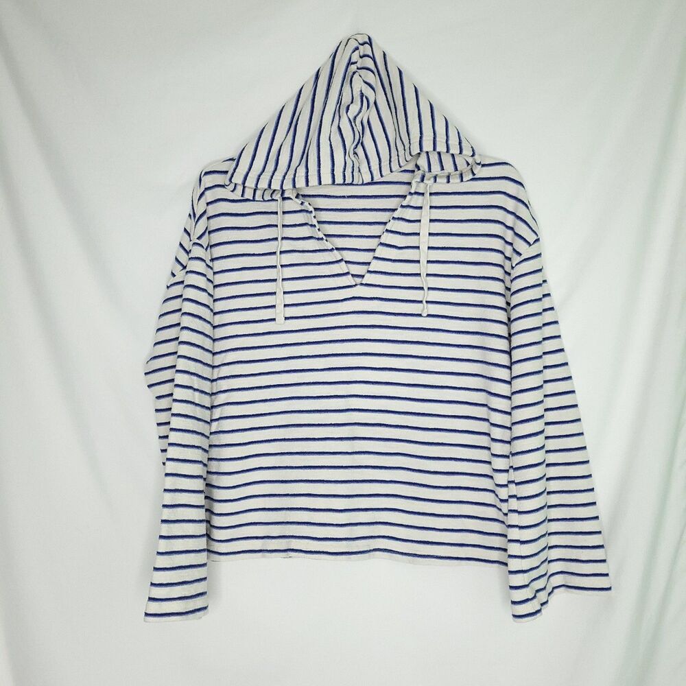 Marine Layer White and Navy Striped Hooded Sweatshirt